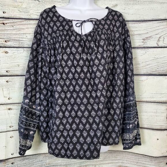 Old Navy Tops - Old Navy Black White Boho Print Peasant Blouse XL Long Sleeve